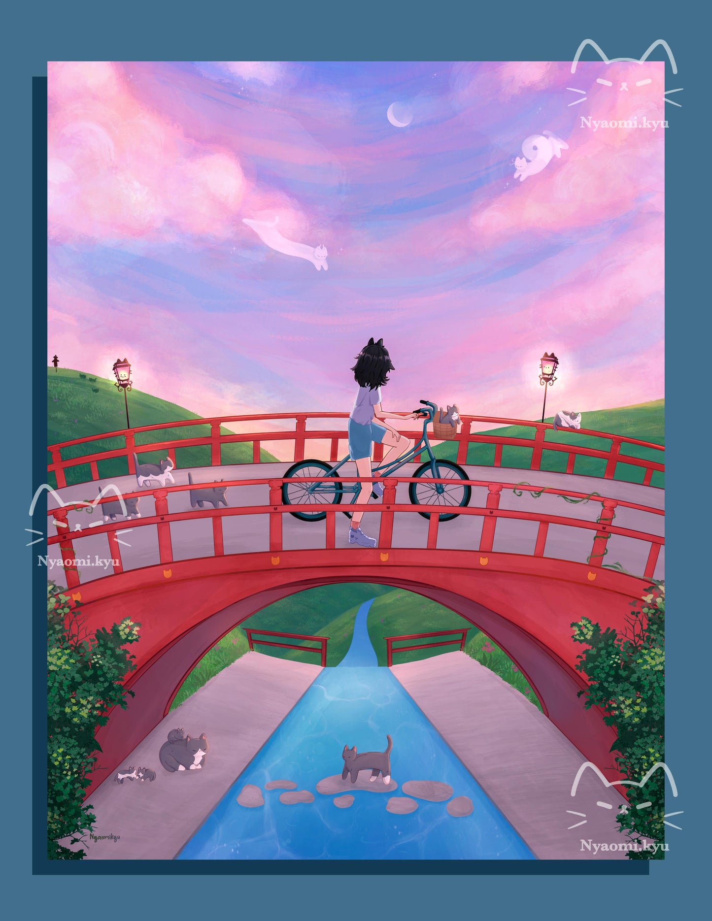 Bike Sunset Cats Print