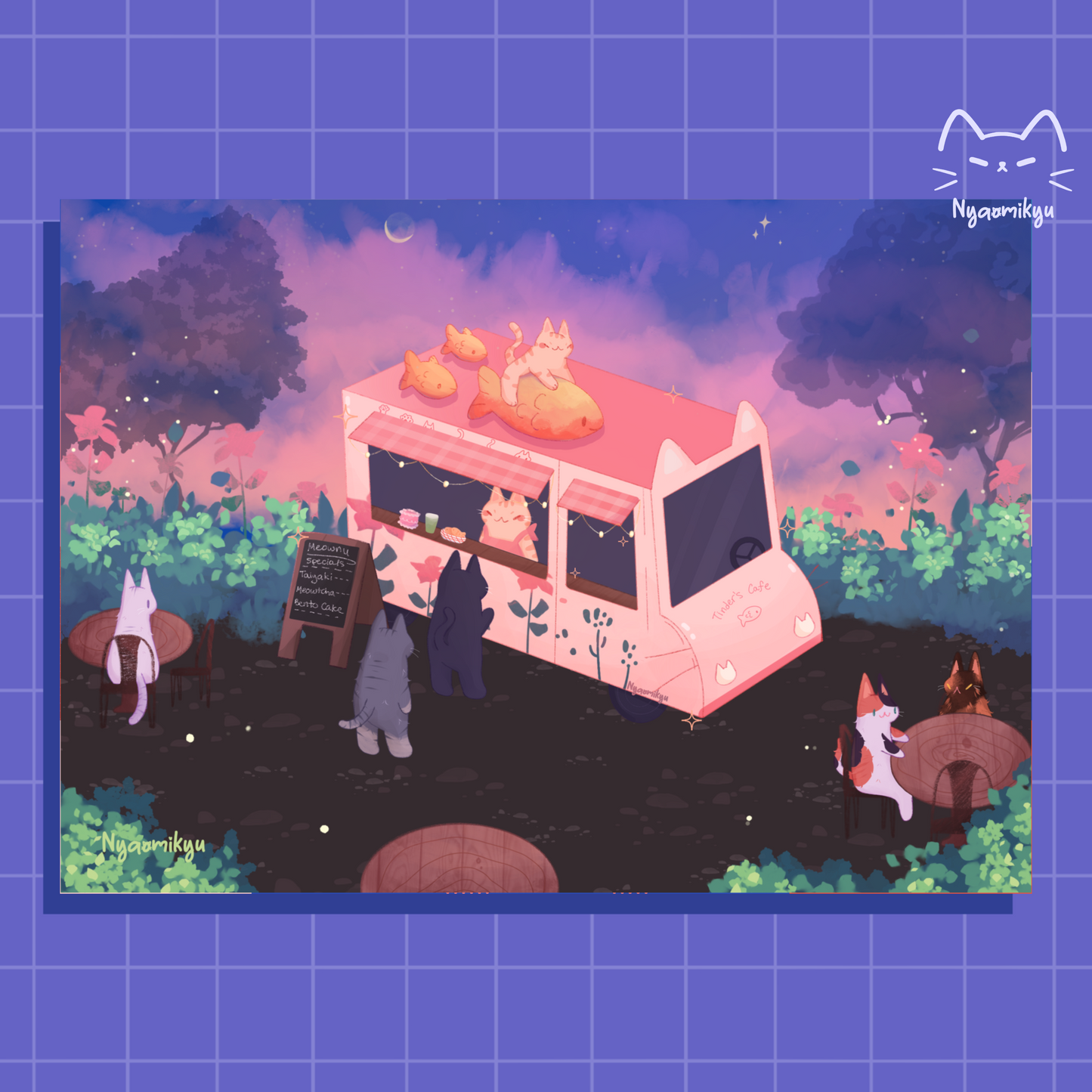 Illustration of a pink food truck with cats in a forest setting.