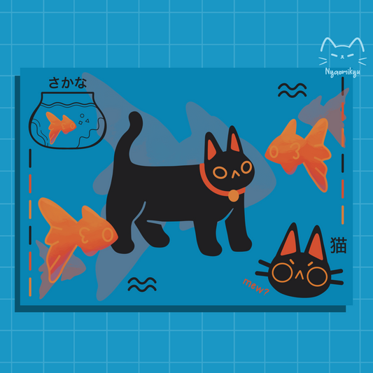 Black cat and goldfish on a blue background