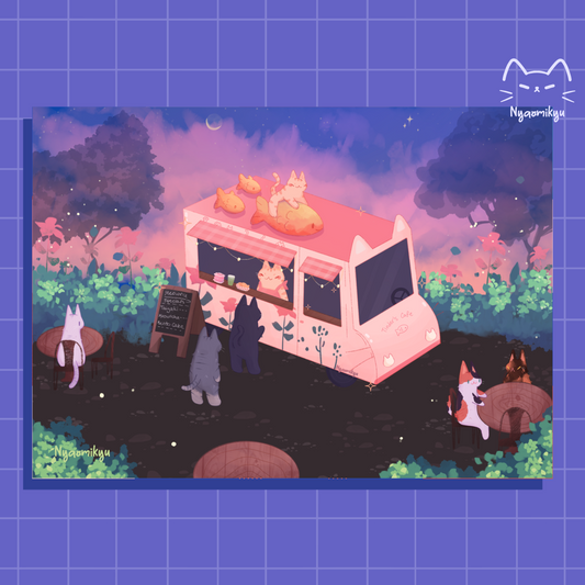 Illustration of a pink food truck with cats in a forest setting.