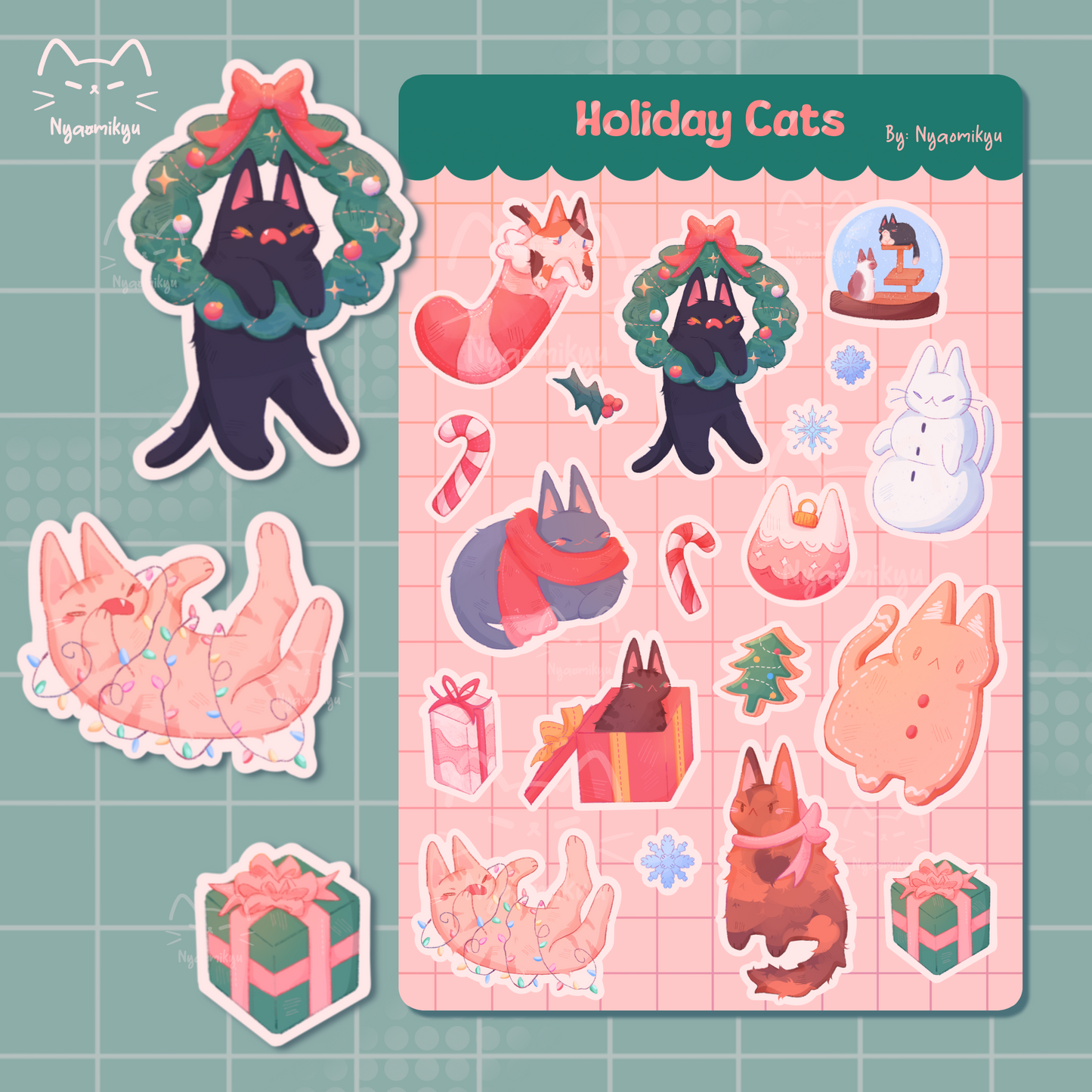 Sticker sheet with holiday-themed cat illustrations on a pink grid background.