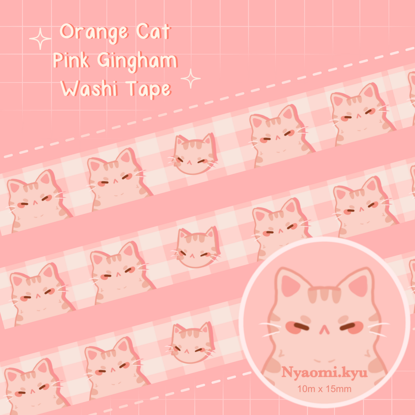 Orange Cat Pink Gingham Washi Tape