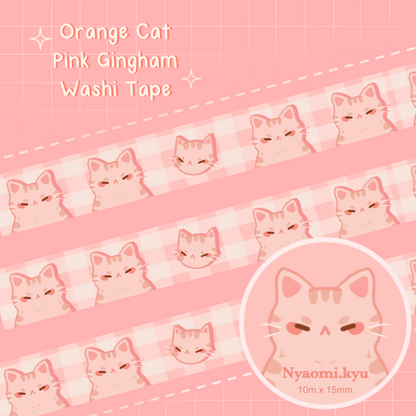 Orange Cat Pink Gingham Washi Tape