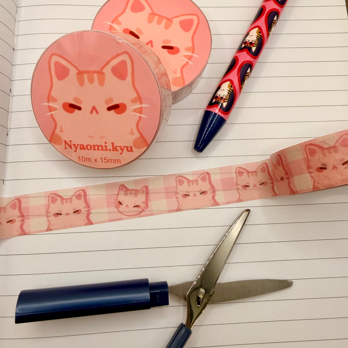 Orange Cat Pink Gingham Washi Tape
