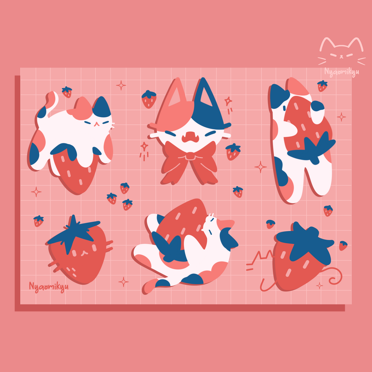 Strawberry Calico Cats Print